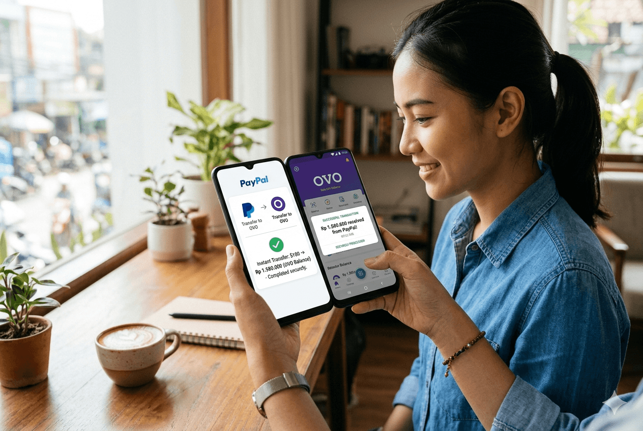 Ilustrasi proses transfer saldo dari akun PayPal ke aplikasi OVO melalui ponsel pintar secara instan dan aman.