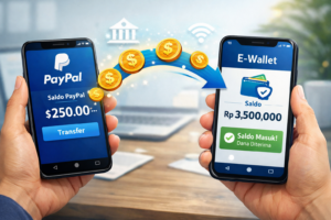 Ilustrasi proses pengiriman saldo dari aplikasi PayPal ke dompet digital e-wallet di ponsel pintar.