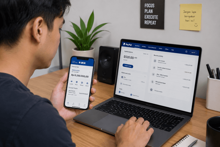 Tampilan layar menu wallet pada aplikasi PayPal untuk transfer dana.