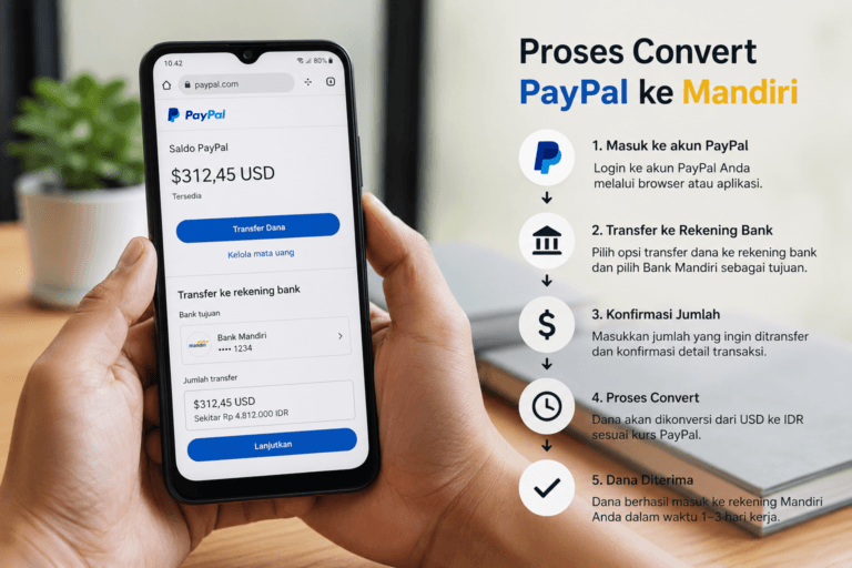 Ilustrasi proses jasa convert paypal ke mandiri melalui ponsel pintar.