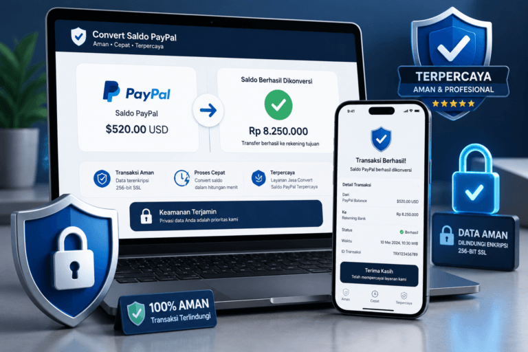 Ilustrasi proses convert saldo PayPal ke rekening bank lokal Indonesia secara aman.