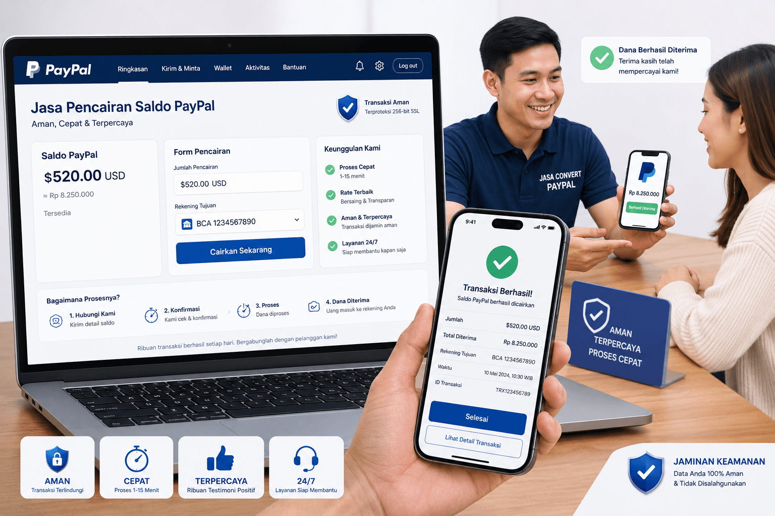 Tampilan layar smartphone sedang proses pencairan saldo Paypal ke dompet digital.